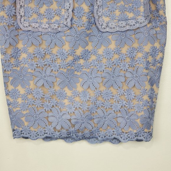 English Factory Blue Floral Lace Nude Colored Lining Pencil Skirt, S - Picture 3 of 13